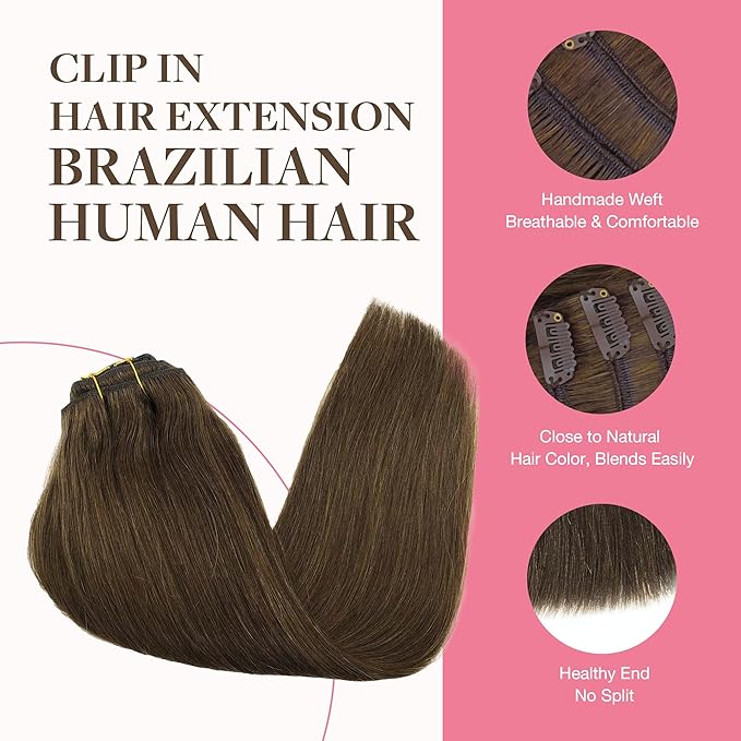 GOO GOO Clip in Hair Extensions Real Human Hair, Remy Human Hair Extensions Clip ins for Women, Natural Human Hair, 22inch 220g 9Pcs, #4A Chocolate Brown