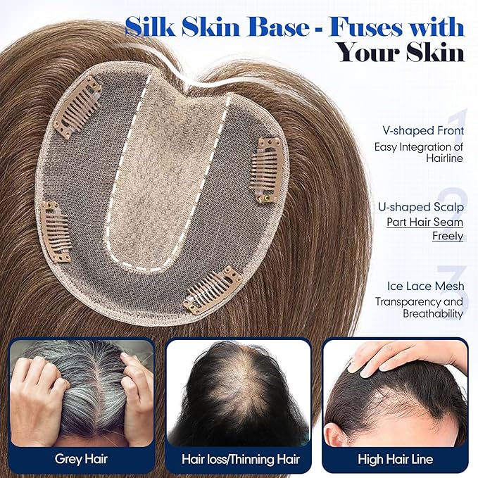 HAIRCUBE Hair Toppers For Women With Thinning 5"*5" Large Base Real Hair Toppers For Women, 14 Inch For Hand-Woven, 60g, Silk, Natural, realistic, Use Daily, Hairloss, Brown, with bangs
