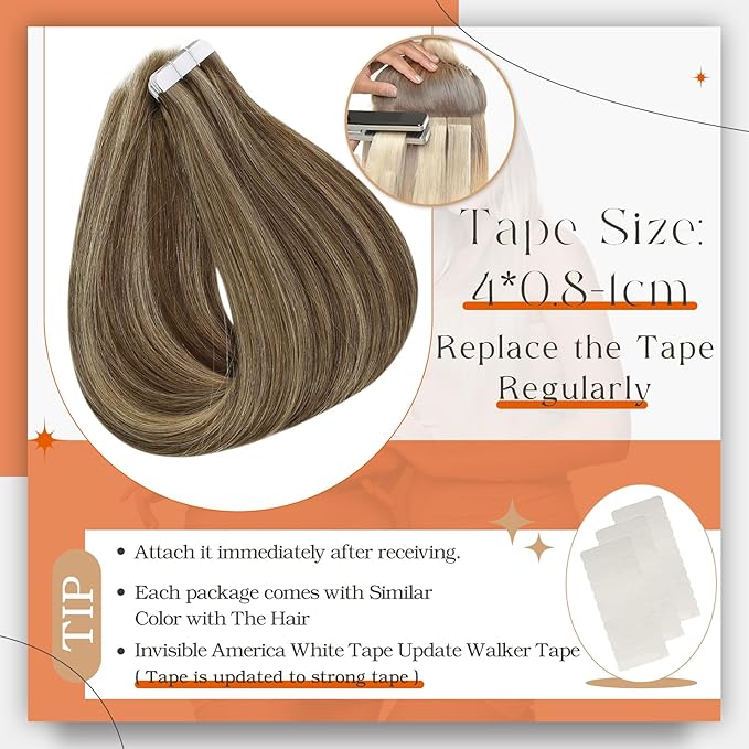 Full Shine Hair Extensions Real Human Hair Color 4P27 Medium Brown And Caramel Blonde Tape in Hair Extensions Cuticles Aligned Remy Seamless Skin Weft Brazilian Straight 20Inch 100G 40Pcs