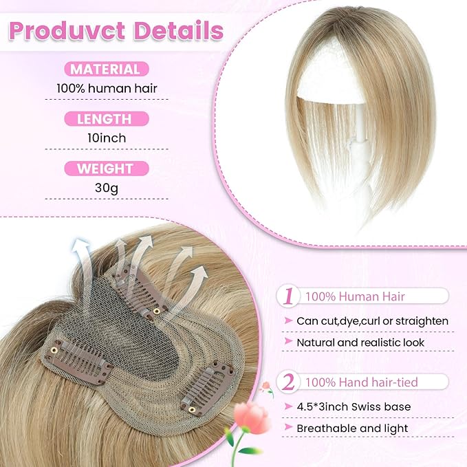 YAMI Hair Toppers for Women Fluffy Human Hair Topper 10inch Handmade Swiss Base Hairpieces 360° Cover Hairloss (Honey Blonde with Dark Brown Root)