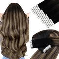 YoungSee Human Hair Tape in Extensions Black Balayage Tape in Hair Extensions Human Hair Black Ombre Brown with Caramel Blonde Tape-in Extension Ombre Hair Extension Tape-in 16 Inch 20pcs 50g