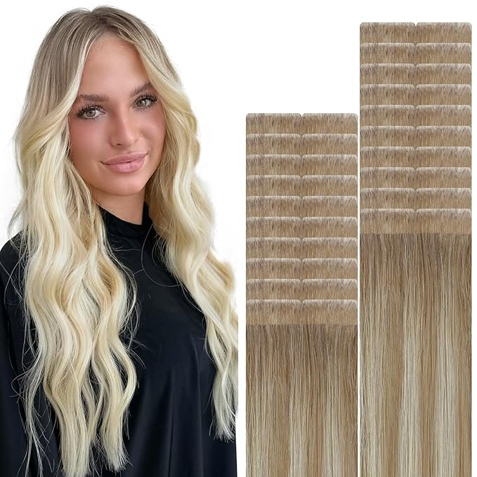 VINBAO Invisi Edge Tape in Hair Extensions Human Hair Balayage Ombre Ash Brown to Platinum Blonde Injection Tape in Hair Extensions Pro Quality 45g 20pcs 16inch #8T60
