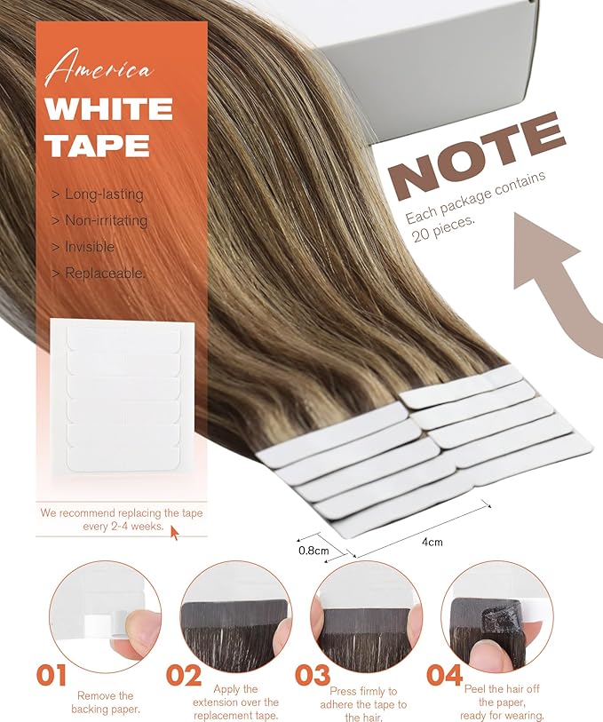 Sunny Hair Tape in Hair Extensions Real Human Hair Invisible Remy Hair Extensions Tape ins for Women Dark Brown Highlight Caramel Blonde 20 inch 20Pcs 50G