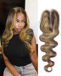 Body Wave 2x6 HD Lace Closure Highlight Yellow Golden Blonde On Chocolate Brown Color Human Hair Transparent Lace Closure 2x6 Long Middle Part 100% Raw Virgin Human Hair 12 Inch 150% Density