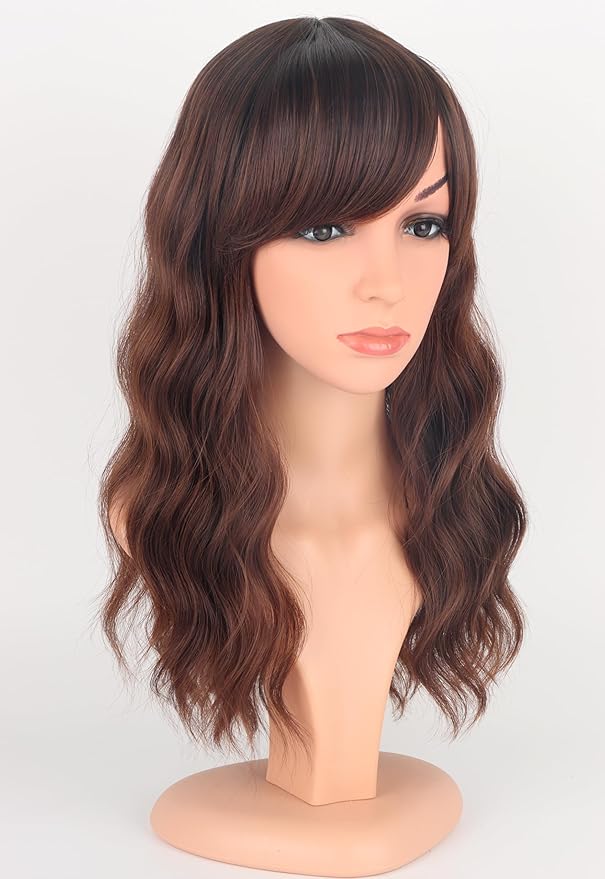 Brown Wavy Wigs For Women Synthetic Wigs With Bangs For Daily Use 16 Inch(Ombre Brown)