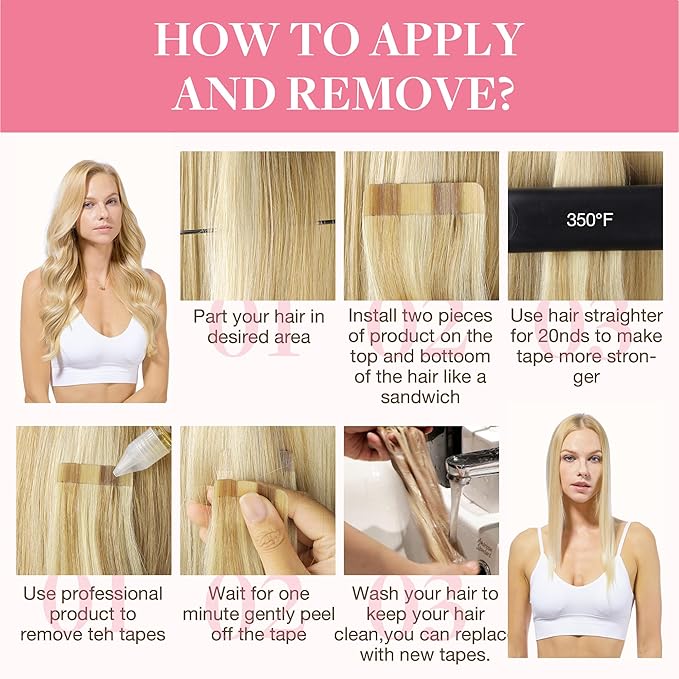 GOO GOO Tape in Hair Extensions Human Hair, 16/22 Light Blonde Highlighted Golden Blonde, 24inch 50g 20pcs, Skin Weft Seamless Invisible, Silky Straight with Thick Ends, Remy Human Hair