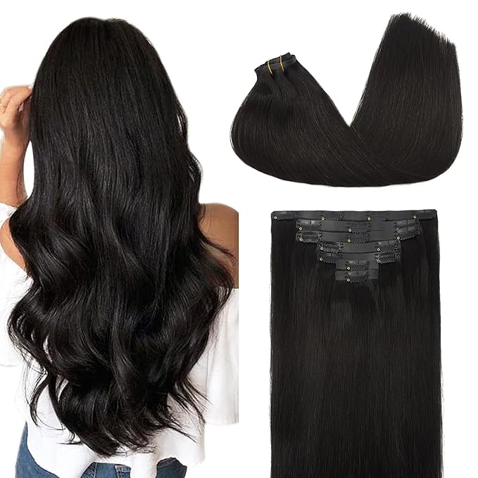 GOO GOO Clip in Hair Extensions Real Human Hair, Remy Human Hair Extensions Clip ins for Women, Natural Human Hair, 16inch 130g 7Pcs, 1B Natural black