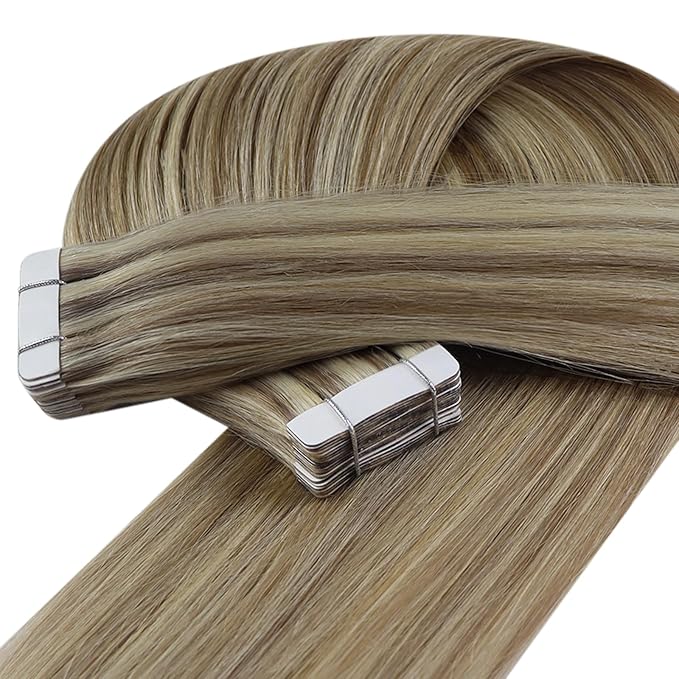 YoungSee Human Hair Tape in Extensions Highlight Invisible Tape in Brown Hair Extensions Softness Tapes Remy Hair Extension Human Hair Light Brown Highlighted Blonde 14Inch 20pcs 50g