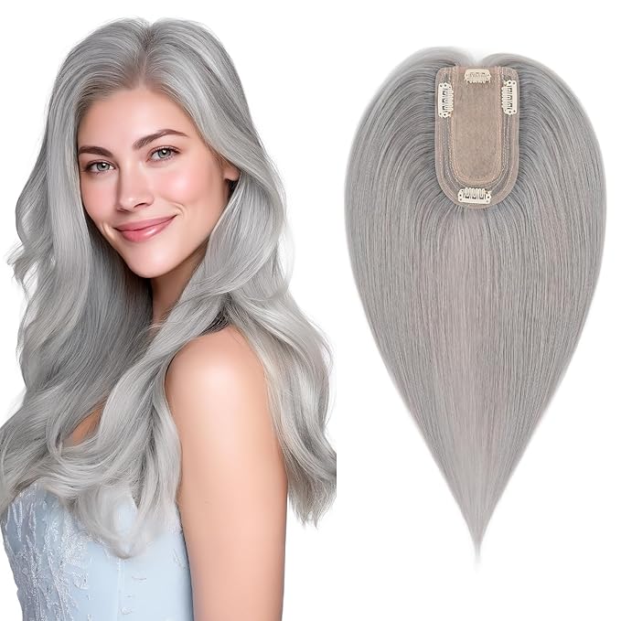 SEGO Hair Topper for Women, No Bangs Real Human Hair Topper with Anti-Slip Clips (10 Inches #Grey)