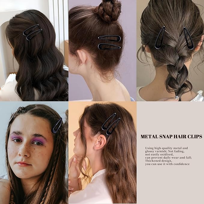 Metal Snap Hair Clips Water Drop No Slip Hair Barrettes for Women Large Hair Clips For Thick And Thin Fine Hair,Black,2.67 x 0.7 Inches,12 PCS