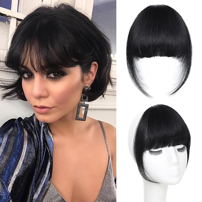 Clip In Bangs for Women, Natural Black French Bangs Hair Clip with Temples, 100% Real Human Hair Layered Curved Fringe for Halloween and Daily Use(Natural Black, French Bangs)