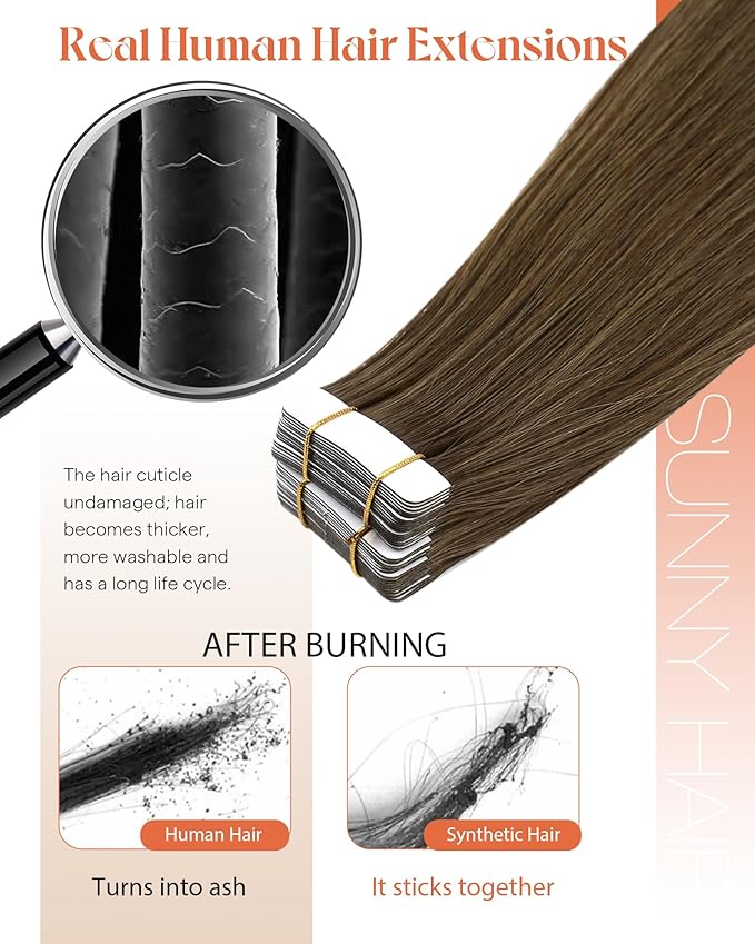 Sunny Hair Human Hair Tape in Extensions, Cool Brown Tape in Hair Extensions Human Hair 16 inch Straight Remy Tape in Human Hair Extensions 20Pcs 50g