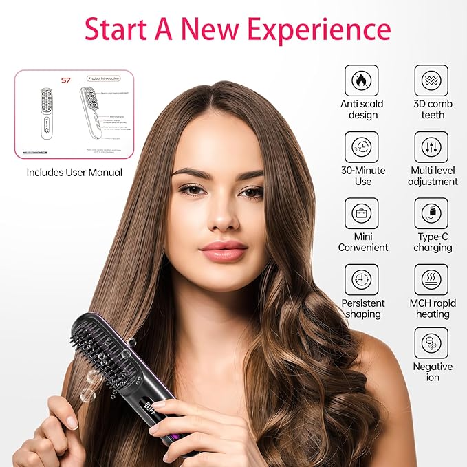 2025 Upgraded Cordless Hair Straightener Brush for Travel, 200 Million Negative Ionic Portable Hair Straightener Comb for Women with LED Display & 3 Temps Fast Heating MCH Ceramic Coating Smooth Frizz