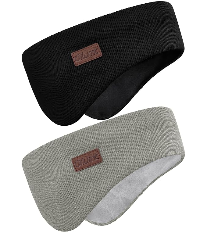 Winter Ear Warmer Headband for Men Women Double-Layer Knit Ear Muffs Cover with Fuzzy Lining for Running and Cycling (Black, Light Grey, One Size)