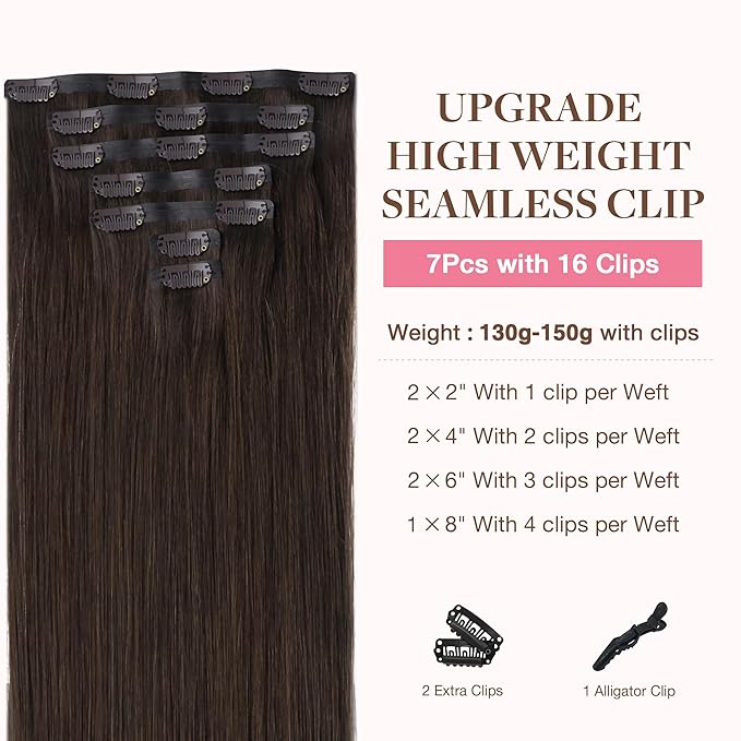 GOO GOO Clip in Hair Extensions Real Human Hair, Remy Human Hair Extensions Clip ins for Women, Natural Human Hair, 22inch 160g 7Pcs, #2A Light Brown