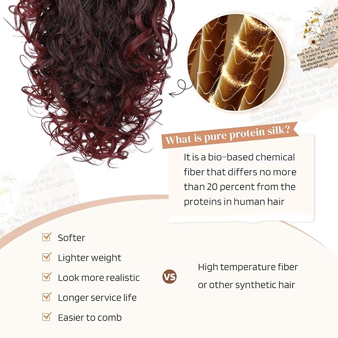 Flufymooz 100％ Pure Protein Ponytail Extension, 18 Inch Curly Claw Clip Ponytail Hair Extensions Natural Soft pony tail hairpiece for women-Wine Red