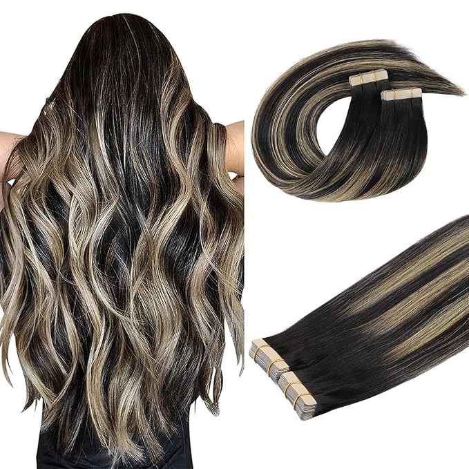 DOORES Human Hair Extensions Tape in, Balayage Natural Black to Light Blonde 14 Inch 40pcs 100g, Tape in Remy Human Hair Extensions Hair Extensions Straight Hair