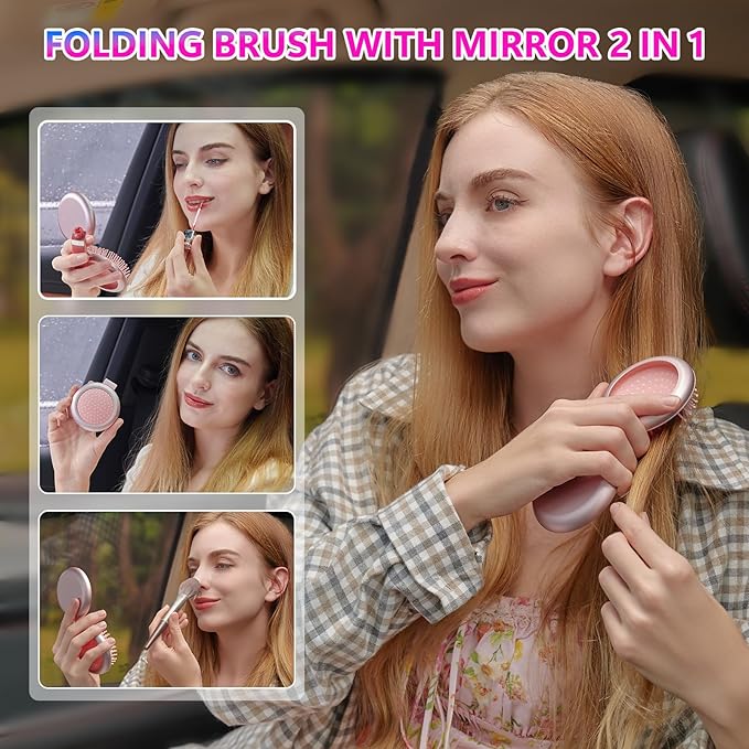 LCD Screen Cordless Hair Straightener Curler 2 in 1, Portable Mini Hair Straightening Brush for Travel Negative Ionic Fast Heating Hot Comb for Women, Folding Brush with Mirror, White