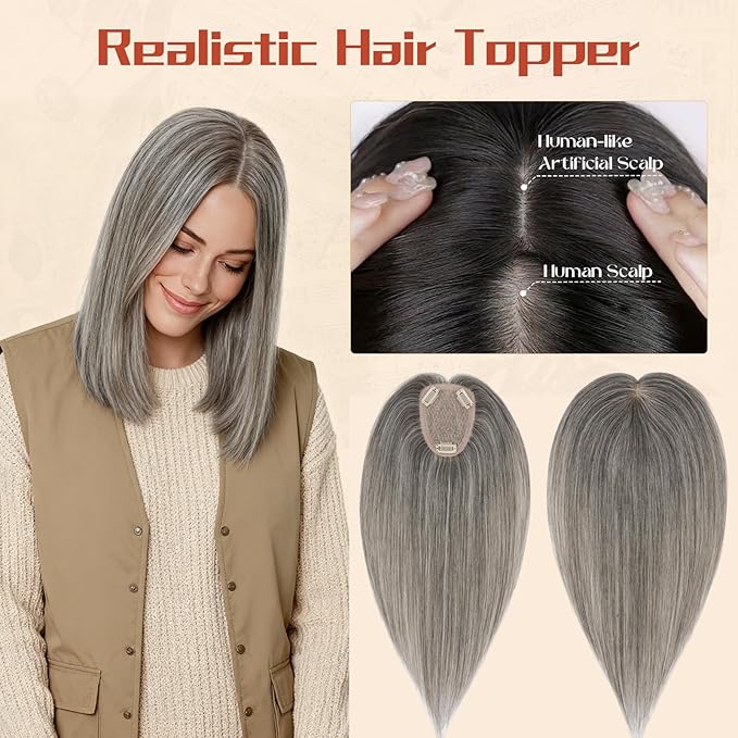 Rich Choices Human Hair Toppers for Women-100% Real Remy Hair Topper No Bang-Upgraded 150% Density 9 * 12CM Lace Base-Clip in Hairs Topper for Thinning Hairs-10Inch #G2 Grey