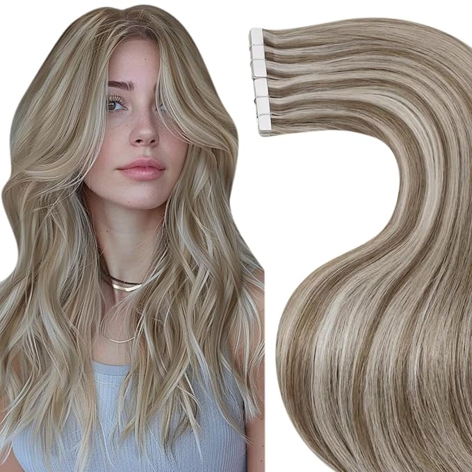 LaaVoo Tape in Hair Extensions Human Hair Tape in Extensions Blonde Highlighted 100g Tape in Human Hair Extensions Light Brown with Bleach Blonde 22incn 40pcs