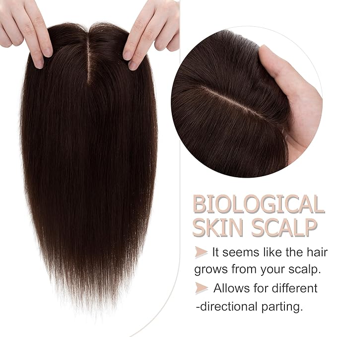 Hair Toppers for Women Real Human Hair No Bangs, 13 * 15 cm Larger Silk Base 150% Density Clip In Topper Hairpieces, Wiglet Top Pieces Add Volume -12 Inch 02 Dark Brown