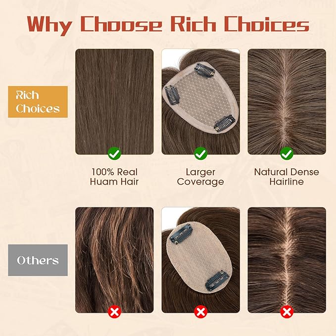 Rich Choices Human Hair Toppers for Women-100% Real Remy Hair Topper No Bang-Upgraded 150% Density 9 * 12CM Lace Base-Clip in Hairs Topper for Thinning Hairs-14Inch #2 Dark Brown