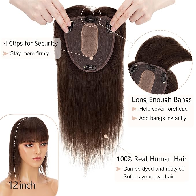 Hair Toppers for Women Real Human Hair With Bangs, 13 * 15 cm Larger Silk Base 150% Density Clip In Topper Hairpieces, Wiglet Top Pieces Add Volume -12 Inch 02 Dark Brown
