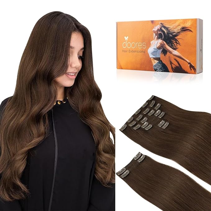DOORES Hair Extensions Clip in, Chocolate Brown 150g 9pcs 14 Inch, Clip in Human Hair Extensions Remy Hair Extensions Clip in Human Hair Silky Straight Real Natural Human Hair Extensions