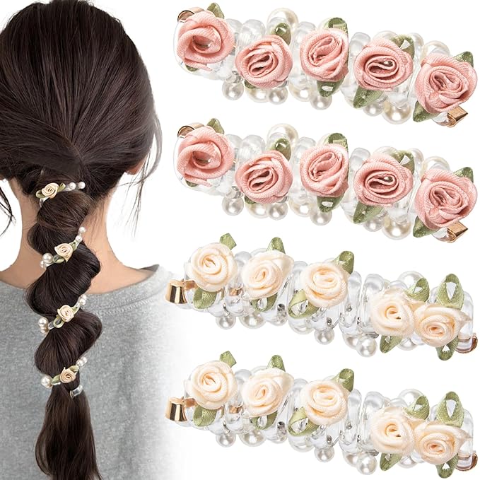 4PCS Rose Bead Spiral Hair Ties, 2 Colors Floral Phone Cord Ponytail Holders for Women, Elegant Rubber Hair Coils, Stylish Hair Accessories for Party, Daily Use - White, Pink Flower