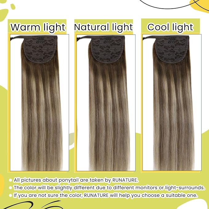 RUNATURE Human Hair Ponytail Balayage, Ponytail Extension Real Human Hair, Clip in Ponytail Hair Extensions Straight, Remy Natural Hair, Daily Wearing 16 Inch 80g #3/8/22 Walnut Brown to Light Blonde