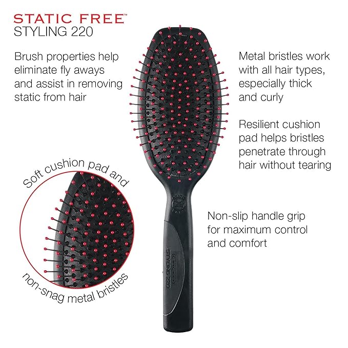 Cricket Static Free Cushion Styling 220 Hair Brush - Smoothing, Detangling, and Frizz-Free Styling - Anti-Static Metal Bristles for Thick, Curly, and Heavy Hair