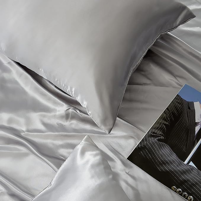Light Grey Satin Pillowcases Queen Size Set of 2 for Hair and Skin,Light Grey Silk Pillowcase Breathable Pillowcase with Envelope Closure