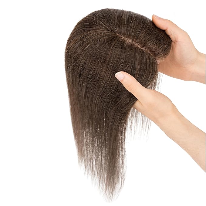 Hairro Human Hair Toppers Free Parted, 3.5x4.7" Base Hand-wovened 100% Real Hairpieces, with Invisible Clips-in for Women, for High Hairline/Adding Volume on Top, 14 Inch Dark Brown