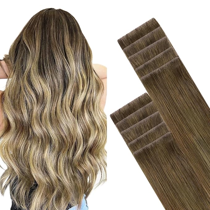 GOO GOO Invisi Edge Tape in Hair Extensions Human Hair, 3/8/613 Balayage Walnut Brown to Ash Brown and Bleach Blonde, 10pcs 20inch 30g, Virgin Remy Hair, Seamless Injected Tape, Natural Look