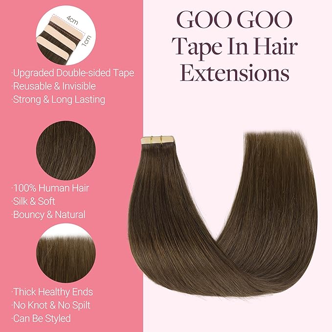 GOO GOO Tape in Hair Extensions Human Hair, #4H Light Chocolate Brown, 14inch 50g 20pcs, Skin Weft Seamless Invisible, Silky Straight with Thick Ends, Remy Human Hair