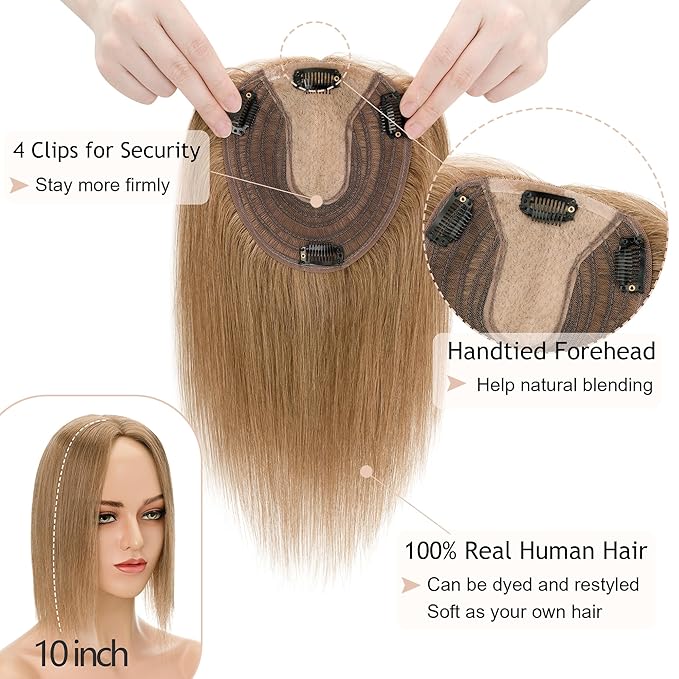 Hair Toppers for Women Real Human Hair No Bangs, 13 * 15 cm Larger Silk Base 150% Density Clip In Topper Hairpieces, Wiglet Top Pieces Add Volume -10 Inch 06 Light Brown