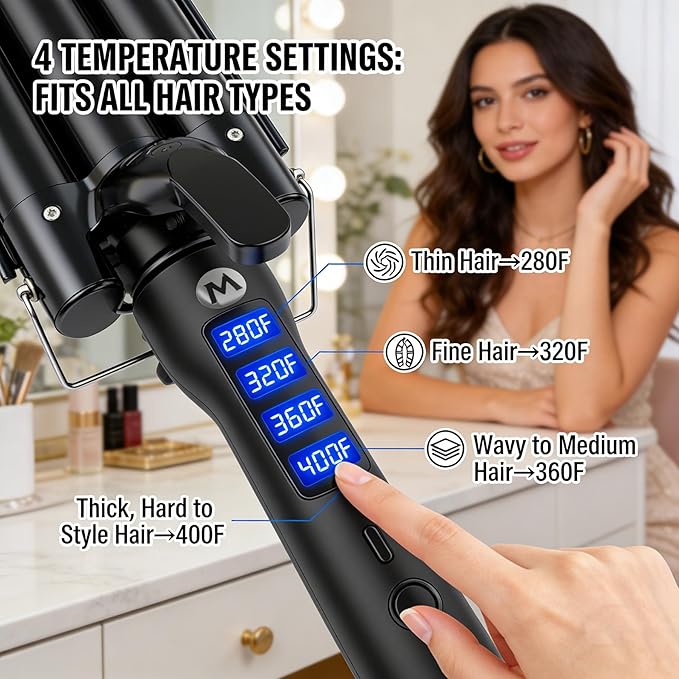 3 Barrel Curling Iron, 1 Inch Ceramic Tourmaline Hair Waver Wand with LCD Temperature Display, Fast Heating Foldable Crimpers for Travel Glove Included (Black)