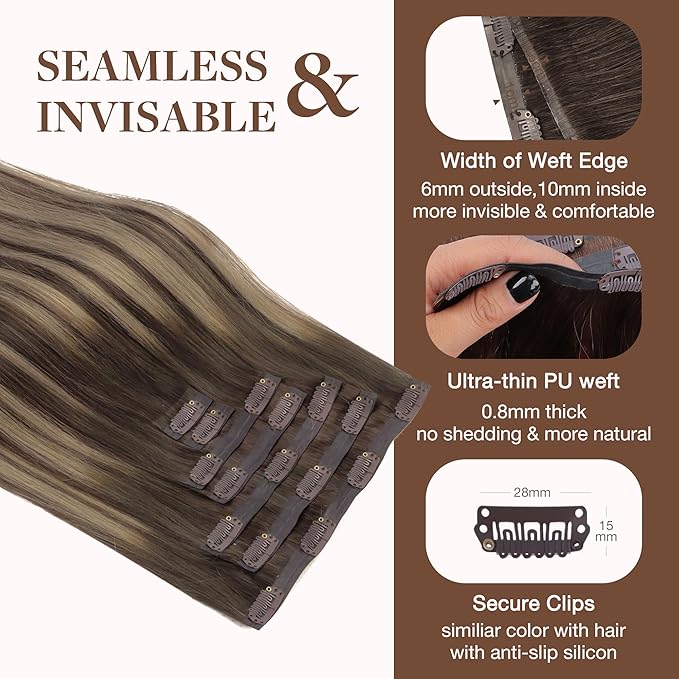 GOO GOO Clip in Hair Extensions Real Human Hair, Remy Human Hair Extensions Clip ins for Women, Natural Human Hair, 16inch 130g 7Pcs, 4/26/4 Balayage Chocolate Brown to Honey Blonde
