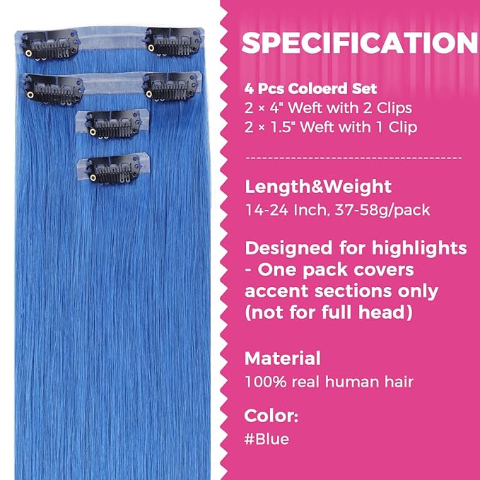 Lashey Seamless Clip in Hair Extensions Human Hair 46g 4pcs 18 Inch Blue Straight Hair Extensions Clip ins with Invisi Edge