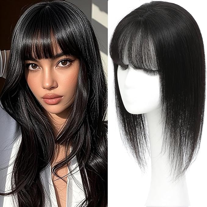 Hair Toppers for Women Real Human Hair, 360°3D Topper for Women with Thinning Crown Wispy Clip in Bangs Breathable Hand Tied Craft Big Coverage Hairpieces(Black（Big Coverage）, 14 Inch-3D-Wispy)