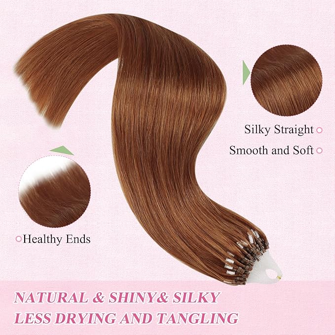 YoungSee Micro Hair Extensions Copper Micro Bead Hair Extensions Micro Links Hair Extension Copper for Women 18In 25g 25s