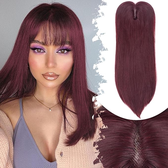 Hair Topper for Women Clip in Bangs – 18 Inch Medium Length Straight 360° Full Coverage Balayage Wine Red,Synthetic Natural Looking Piece for Thinning Hair