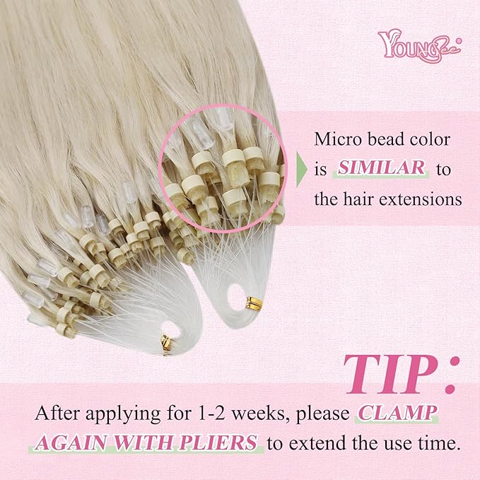 YoungSee Micro Loop Hair Extensions Human Hair Blonde Micro Hair Extensions Human Hair Platinum Blonde 22In Microbead Hair Extension Long Hair 50g 50s No Heat Required Extension