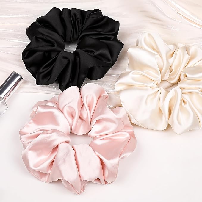 3 Pcs Large Silk Satin Scrunchies - Extra Big, Both for Thick or Thin Hair, No Crease Jumbo Ponytail Holder, No Hurt Your Hair for Sleep
