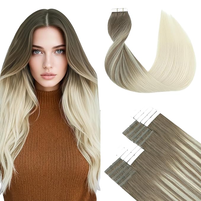 SURNEL Tape in Hair Extensions Ombre Color 8 Ash Brown Fading to 60 Platinum Blonde Human Hair 16 inch Remy Tape in Hair 20pcs 50g(#8T60-16)