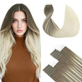 SURNEL Tape in Hair Extensions Ombre Color 8 Ash Brown Fading to 60 Platinum Blonde Human Hair 16 inch Remy Tape in Hair 20pcs 50g(#8T60-16)