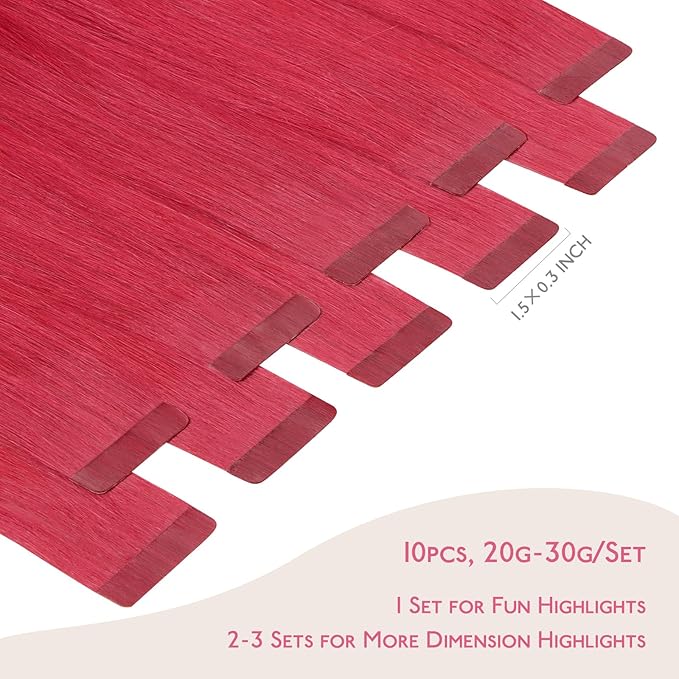 WENNALIFE Tape in Hair Extensions Human Hair Red Tape in Extensions, 10pcs 30g 24 inch Remy Invisible Tape Ins Straight Colored Soft Real Human Hair Tape in Extensions Refill Set Extensions