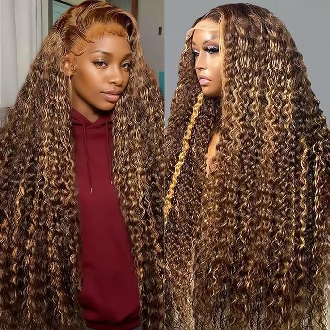 Highlight Ombre Lace Front Wigs Human Hair 13x6 Honey Blonde Deep Wave Wig Human Hair 4/27 Glueless Deep Wave Human Hair Wigs Pre Plucked with Baby Hair for Women 24 Inch