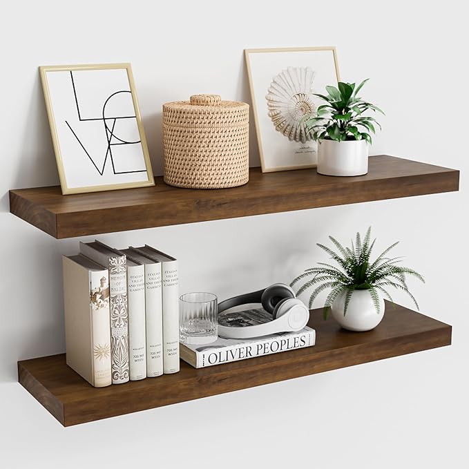 Wood Floating Shelves for Wall 24” x 8”x 1.4” Shelf Floating Rustic Farmhouse Decor, Heavy Duty Shelf Hold 60 lbs, Wall Shelves for Bathroom Living Room Kitchen Bedroom Office, 2 Packs Walnut