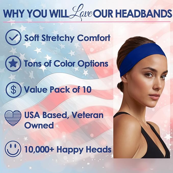 Styla Hair Headbands for Women Stretch Fashion Head Bands 10 Pack Non-Slip Head Wraps Great for Spa, Sports, Yoga, Pilates, Running, Gym Headband, Workouts (Red White Blue)